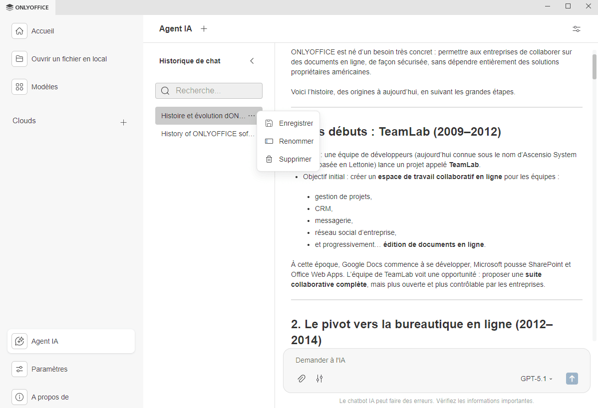 Historique du chat IA