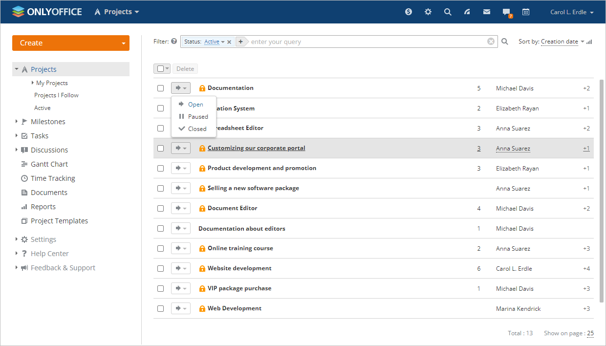 Change Project Status