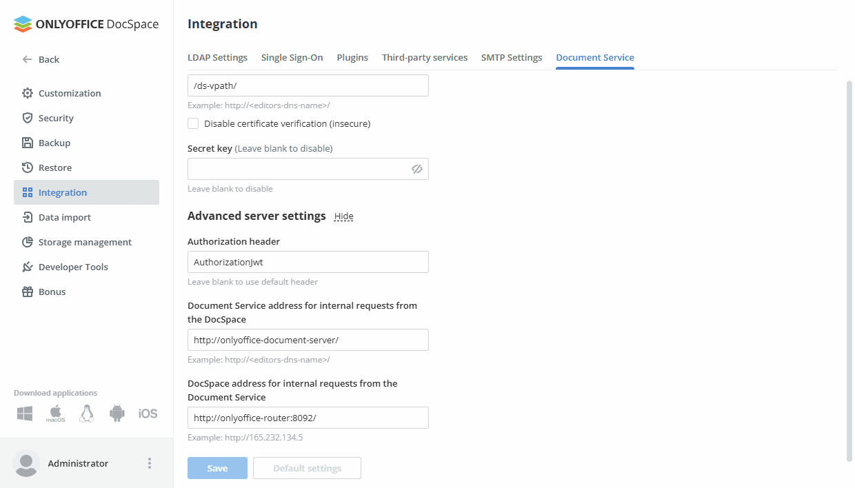Connecting ONLYOFFICE Docs