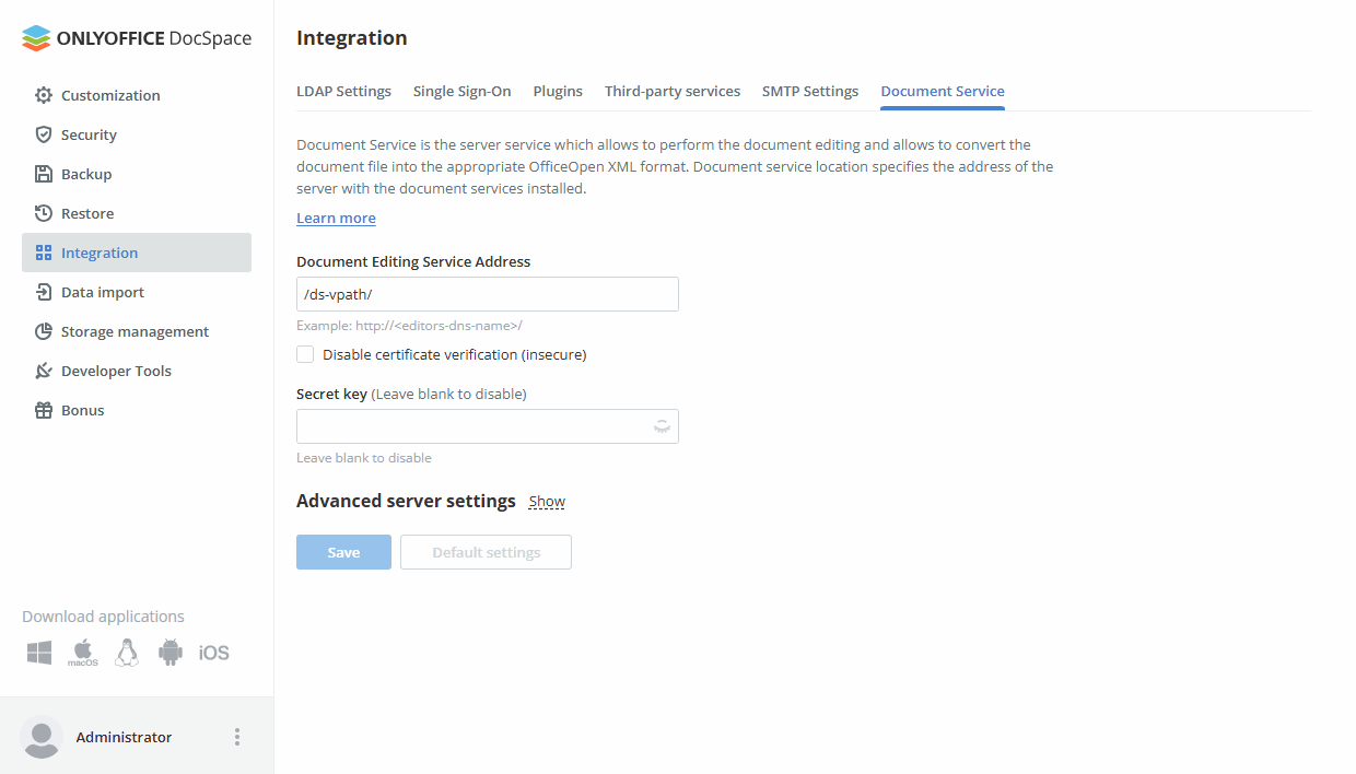 Connecting ONLYOFFICE Docs