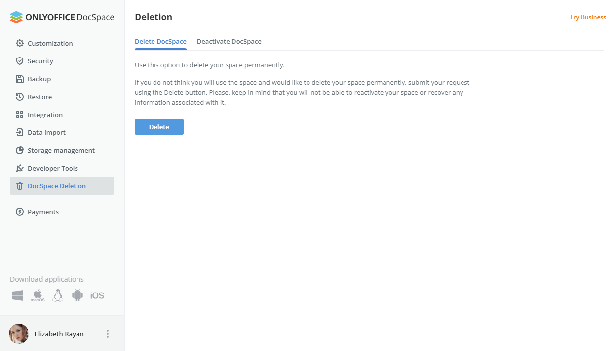 Deactivating/Deleting DocSpace