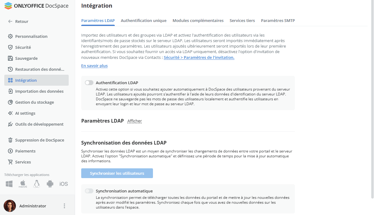 Paramètres LDAP - Page principale