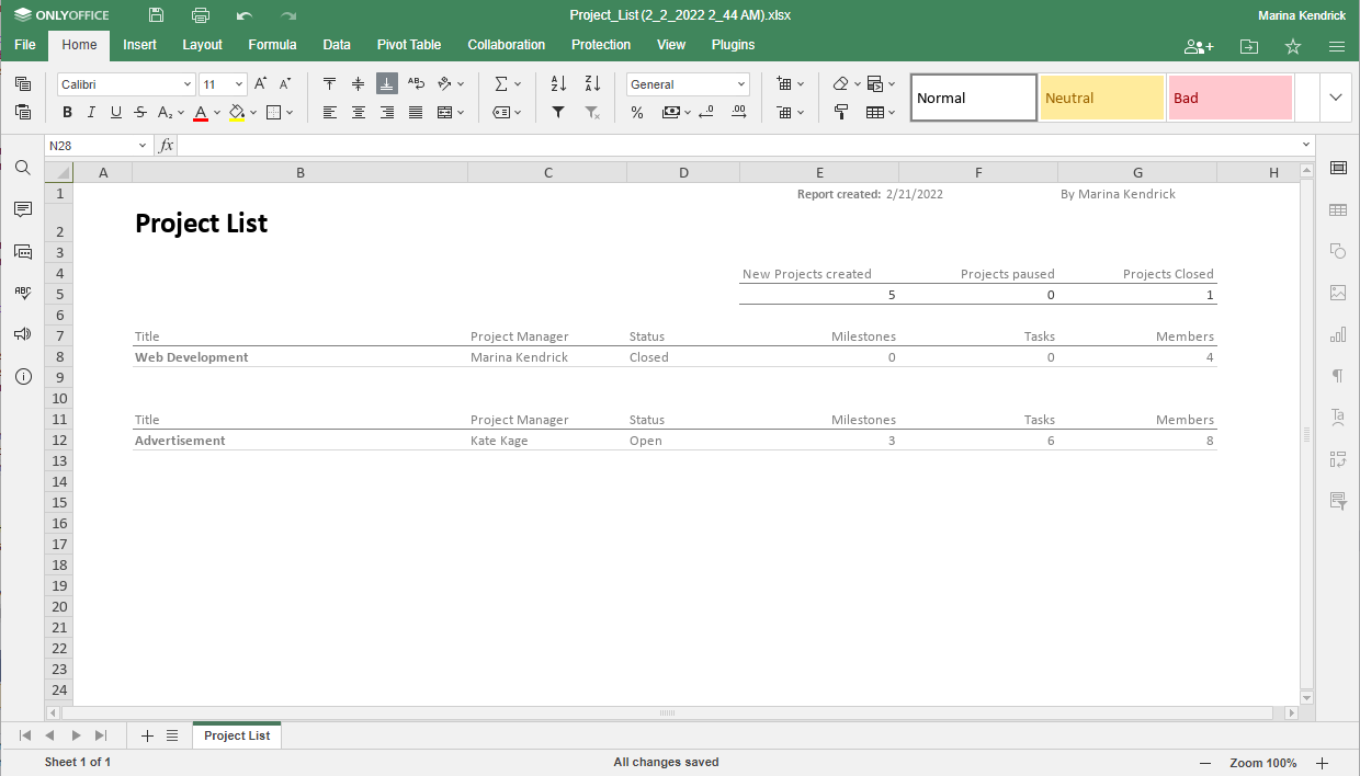 Report types Project List
