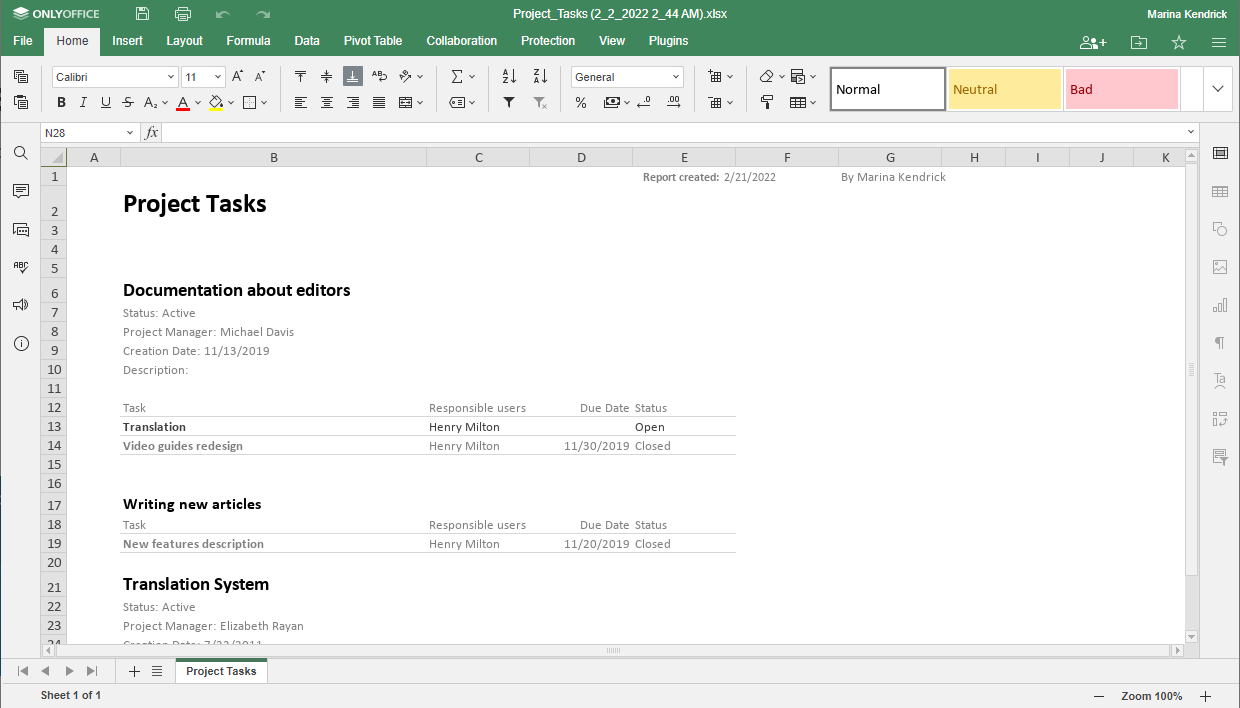 Report types Project Tasks