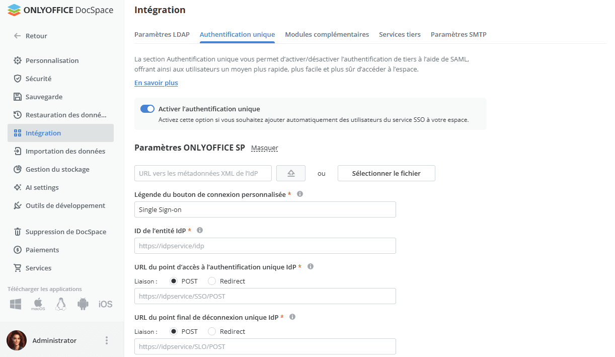 Activation d'authentification unique