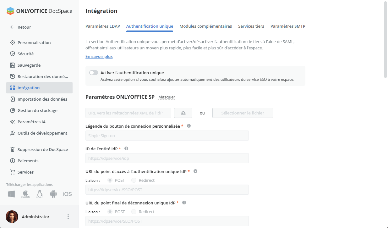 Activation d'authentification unique