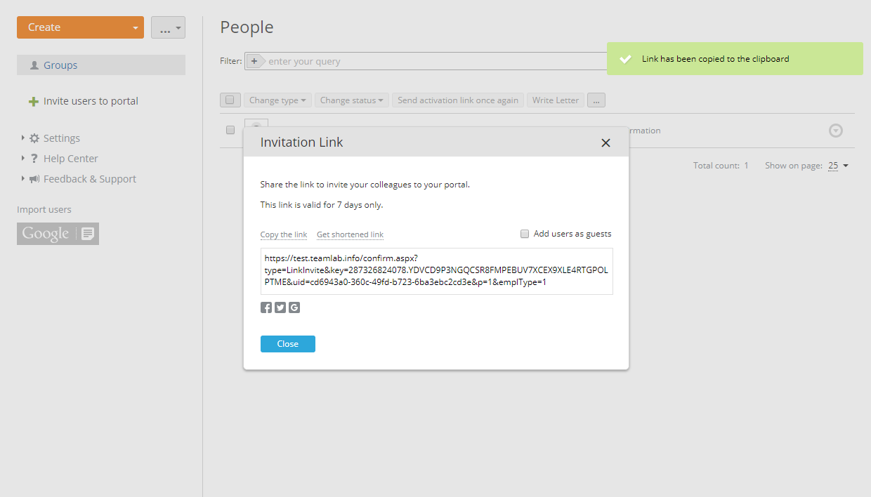 Sending Invitation Link