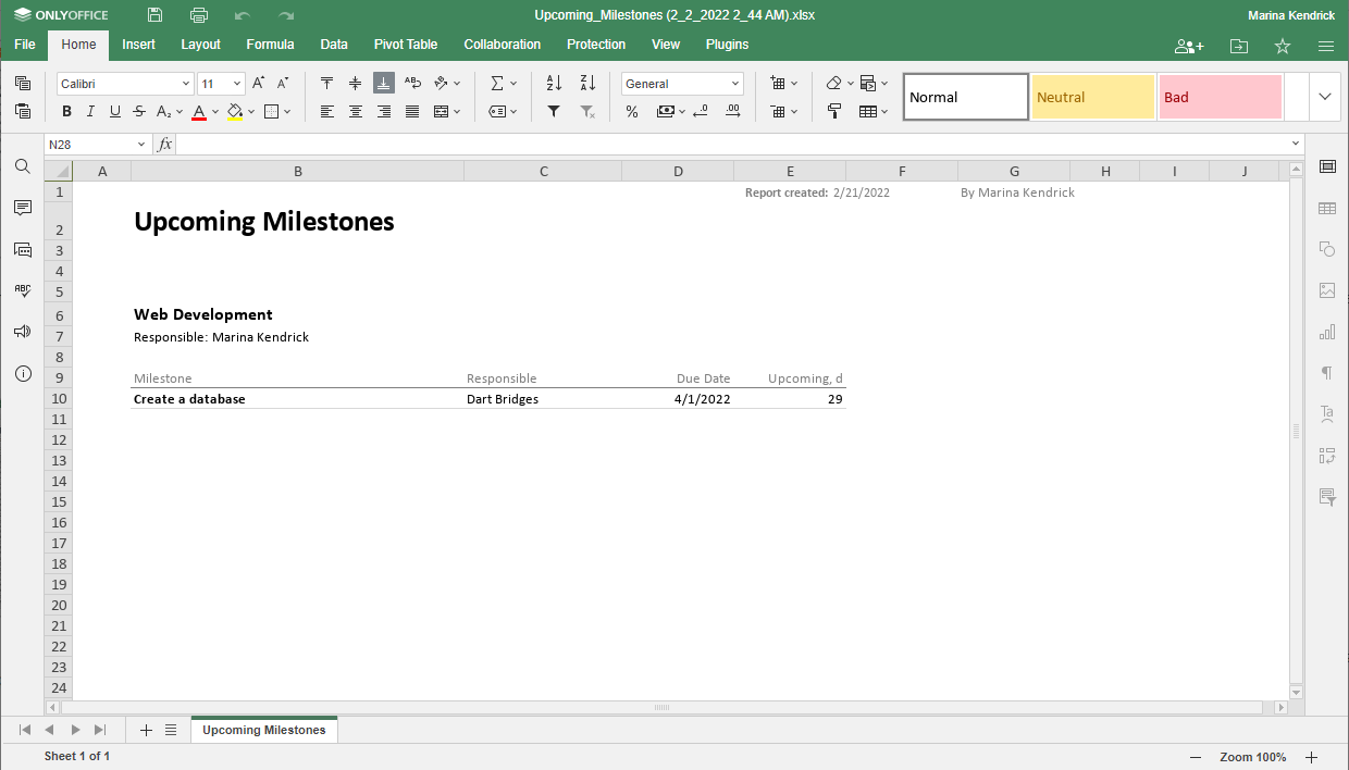 Report types Upcoming Milestones