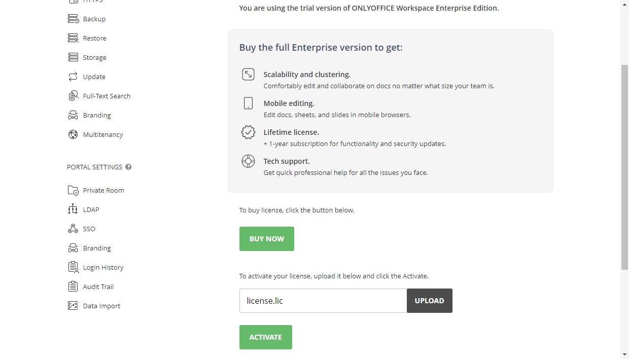 Activate ONLYOFFICE Workspace Enterprise