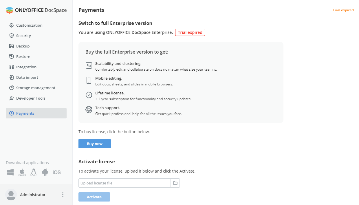 Activate ONLYOFFICE DocSpace Enterprise