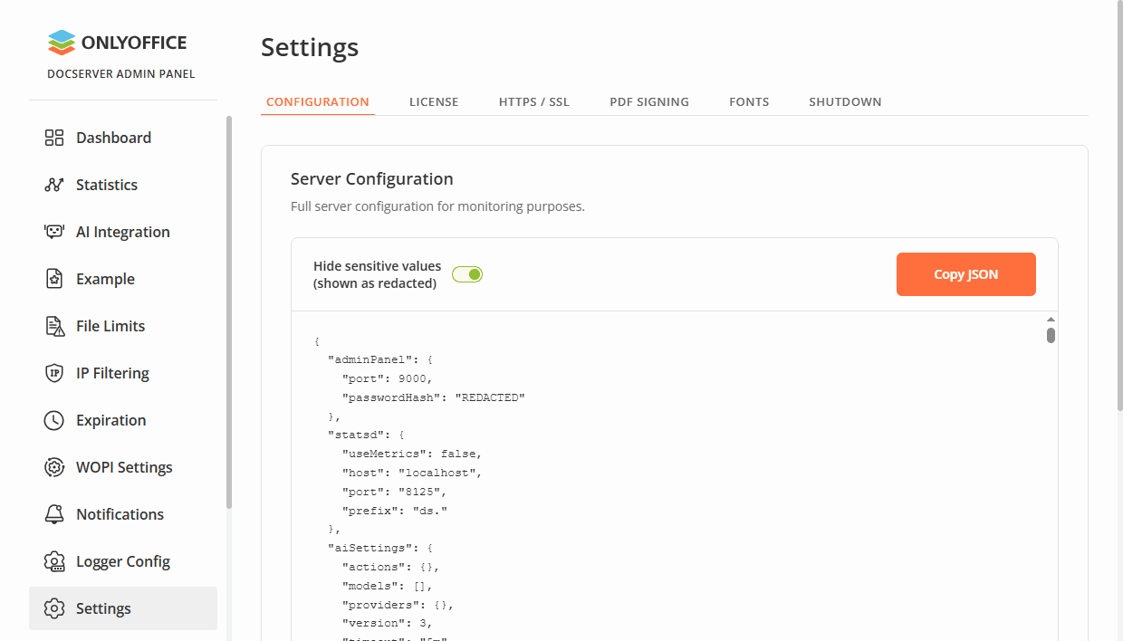 Admin Panel - Settings page