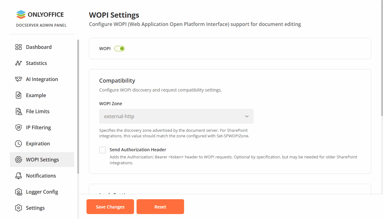 Admin Panel - Stranica sa WOPI podešavanjima