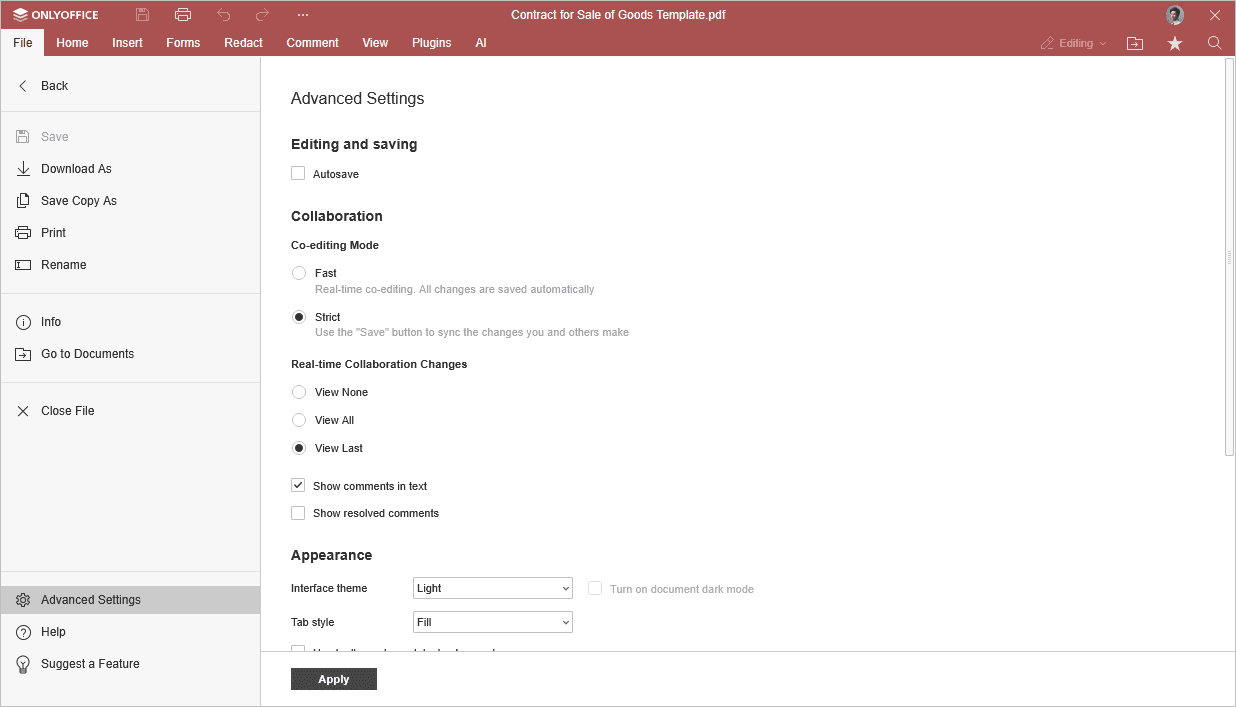 Advanced settings - Collaboration