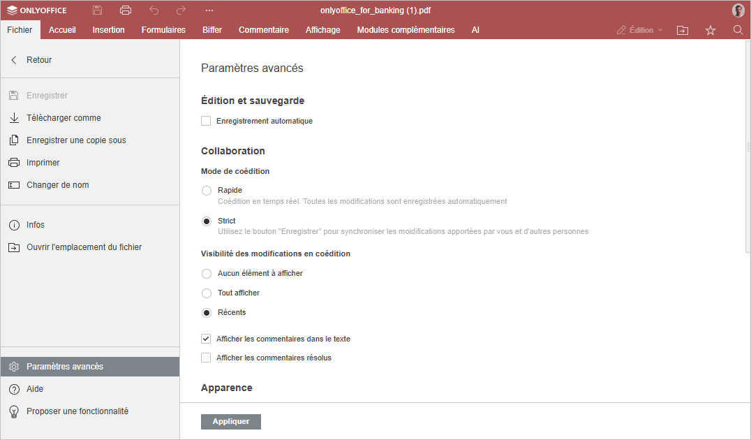 Paramètres avancés - Collaboration