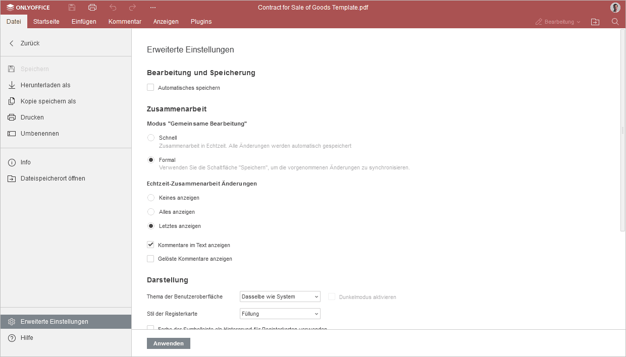Erweiterte Einstellungen – Zusammenarbeit