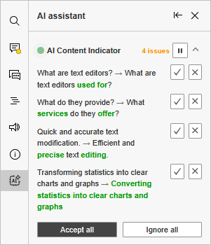 AI assistant results on the left panel
