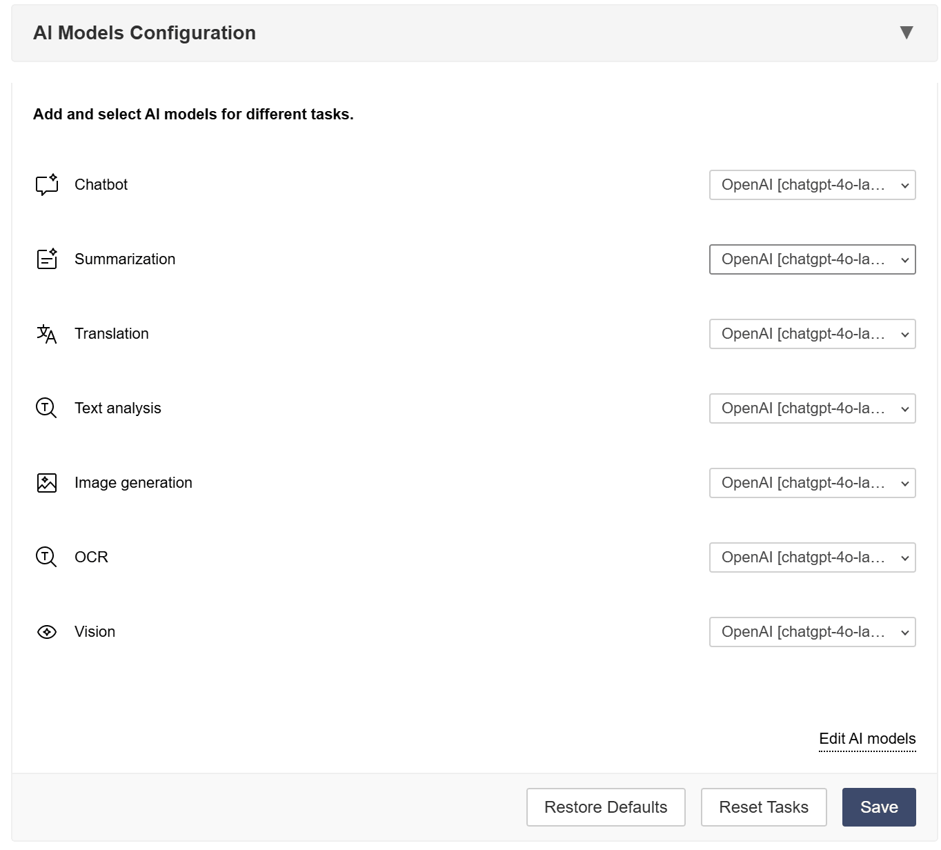 AI configuration window