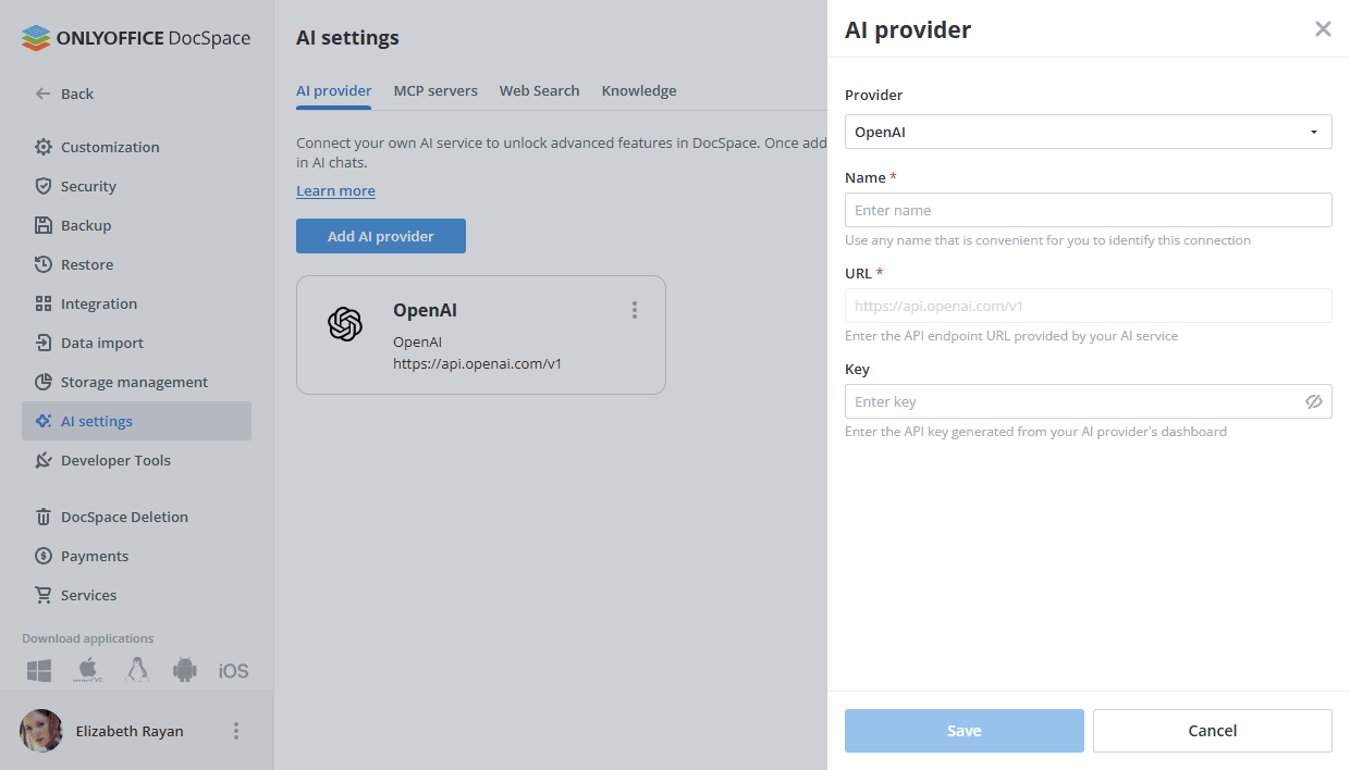 AI provider settings - Main page