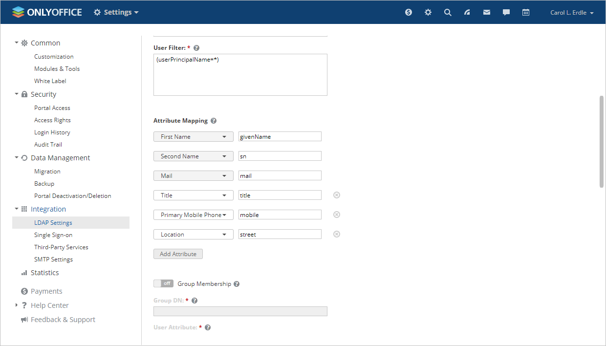 LDAP settings - Attribute Mapping