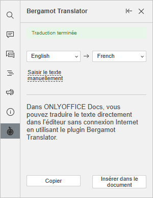 Interface du module complémentaire Bergamot