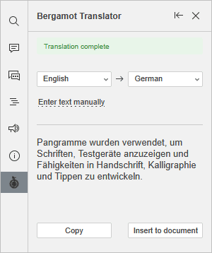 Oberfläche des Plugins „Bergamot Translator