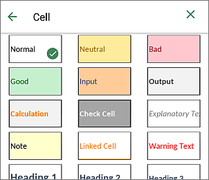Cell styles palette