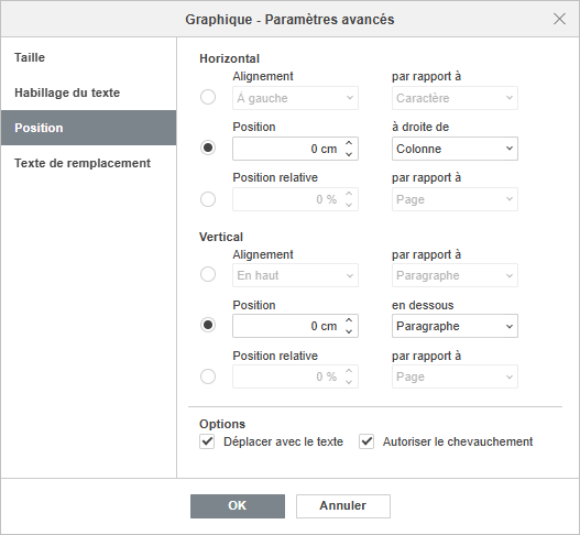 Graphique - Paramètres avancés Position