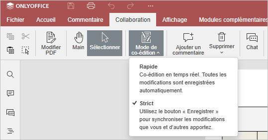 Menu Mode de co-édition