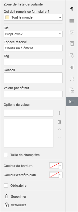 Paramètres de la zone de liste déroulante