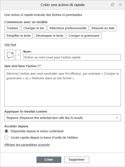 Créer une action IA rapide - boîte de dialogue