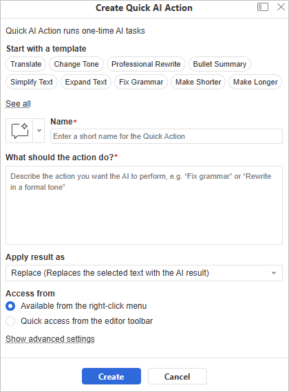 Create quick AI actions - dialog box