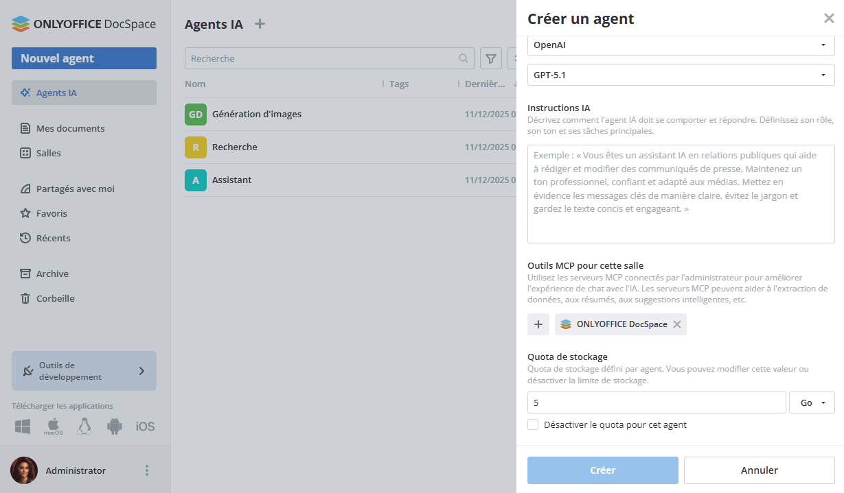 Créer les agents IA