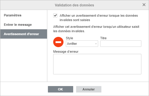 Validation des données - Paramètres d'avertissement d'erreur