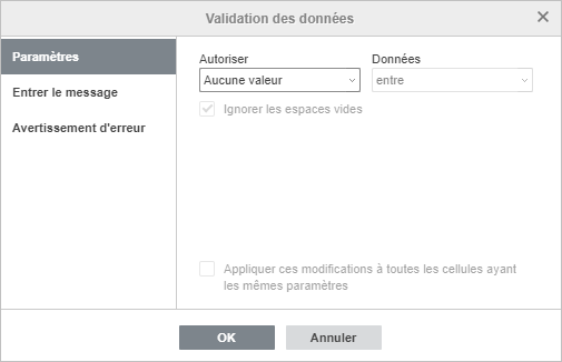 La fenêtre Paramètres - Validation des données