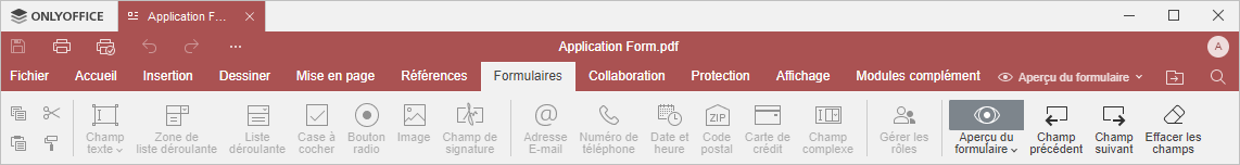 Onglet Accueil - Formulaires