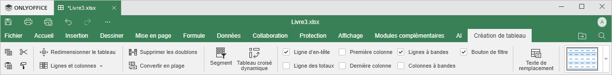 Onglet Création de tableau