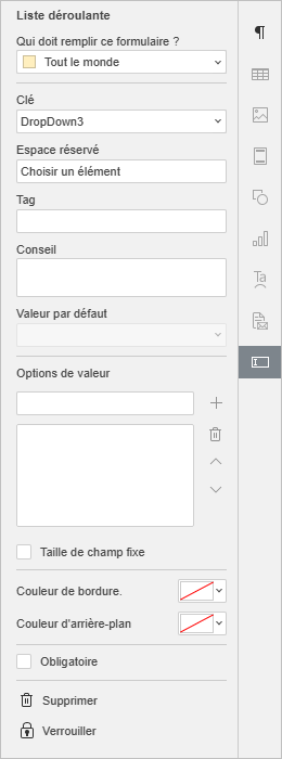 Paramètres de la liste déroulante