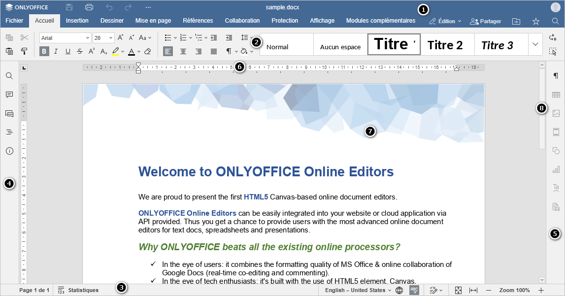 Fenêtre de l'éditeur de documents en ligne