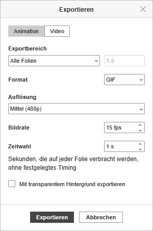 Präsentation exportieren — Registerkarte Animation