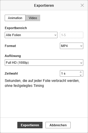 Präsentation exportieren — Registerkarte Video