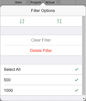 Filter Options panel