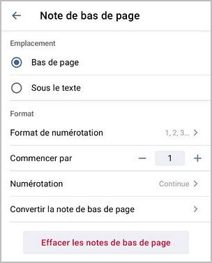 Paramètres des notes de bas de page