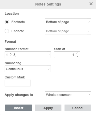 Footnotes Settings window