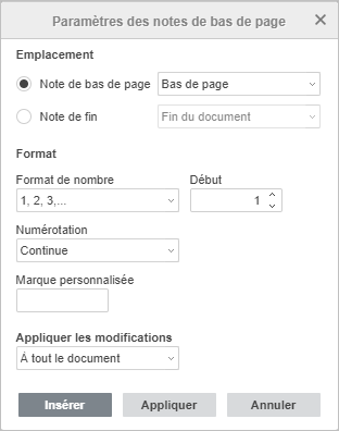 Fenêtre Paramètres des notes de bas de page