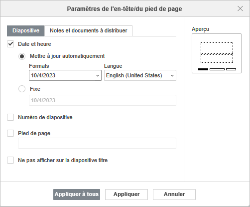 Paramètres de pieds de page