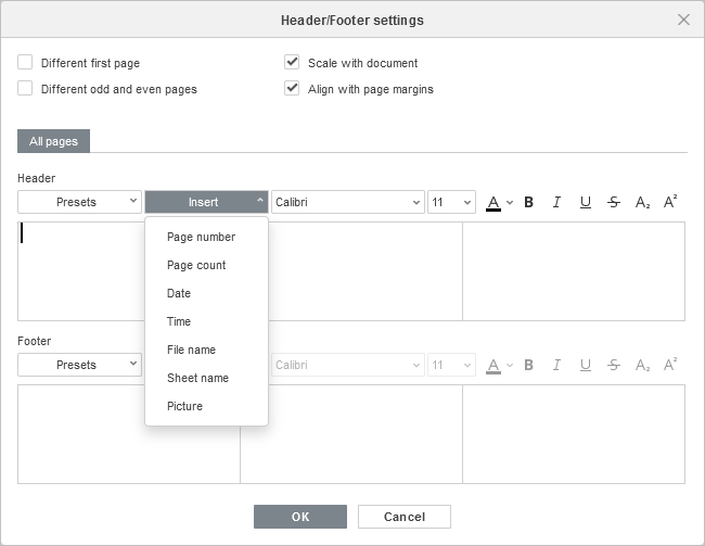 Header/Footer Settings