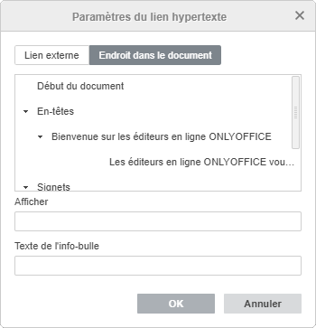 Le fenêtre Paramètres du lien hypertexte