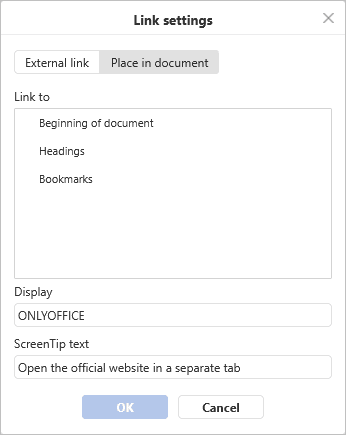 Link Settings window - Place in document tab