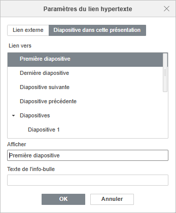 Le fenêtre Paramètres du lien hypertexte