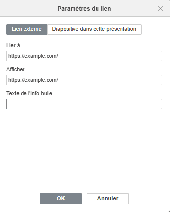 Fenêtre Paramètres du lien